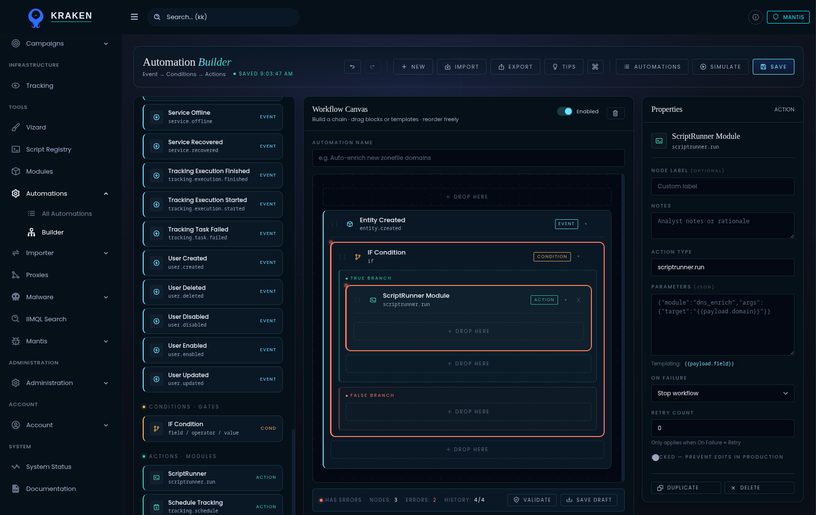 Kraken automation builder workflow canvas